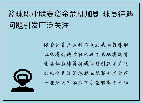 篮球职业联赛资金危机加剧 球员待遇问题引发广泛关注