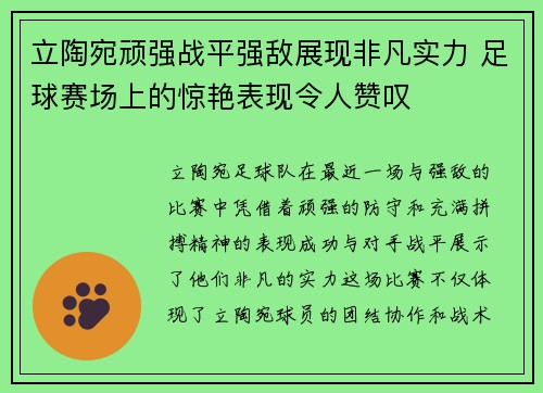 立陶宛顽强战平强敌展现非凡实力 足球赛场上的惊艳表现令人赞叹